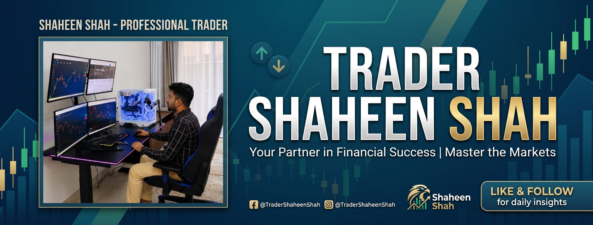 Trader Shaheen Shah analysing live market charts on a multi-monitor trading desk